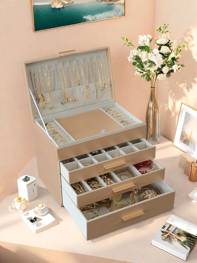 BOOVO Jewelry Boxes for Women, White and Black 6 Layer Large Jewelry Box for Necklace, Bracelet, Earrings, Rings Storage, Jewelry holder Organizer for Girls Gift (Champagne, 5 Layer)