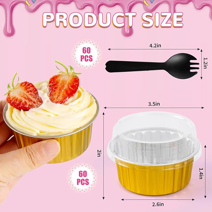 60Pcs Mini Loaf Pans with Lids and Spoons, Aluminum Foil Baking Pans, Round Mini Cake Pan, Brownie Baking Cups for Picnics Party (Gold)