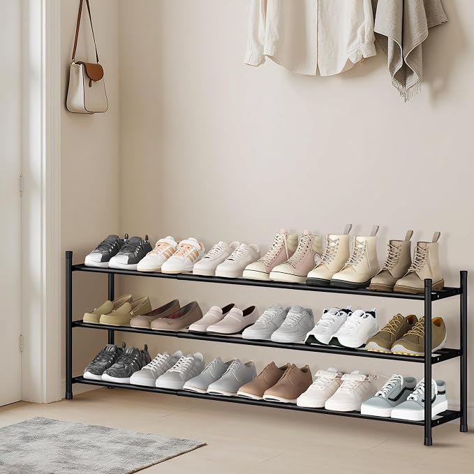 STORAGE MANIAC Long Expandable Shoe Rack, 18 Pairs Metal Wide Stackable Shoe Rack, Adjustable Shoes Shelf, Freestanding Shoes Organizer for Closet, Entryway, Hallway, Garage, Front Door, 3 Tiers