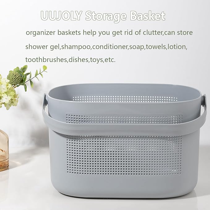 Plastic Protable Shower Caddy Basket, Storage Organizer with Handle, Gray | Bottom Drain Holes, Keep Dry, Sturdy and Durable, Easy to Carry for Bathroom, Kitchen, Dorm Room, RV, College