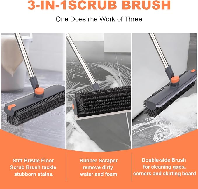 Floor Scrub Brush with 64" Long Handle - 360° Swivel Heads Household Push Brush with Squeegee and Right Angled Bristle for Cleaning Concrete Floors Grout Gardens Patio Deck Concrete Garage Heavy Duty