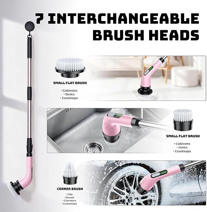 Electric Spin Scrubber, 2-Speed Cleaning Brush, Extendable Handle (Pink) | Includes 7 reusable brush heads and an IPX7-rated design for cleaning bathrooms, showers, kitchens, tile, floors, and grout