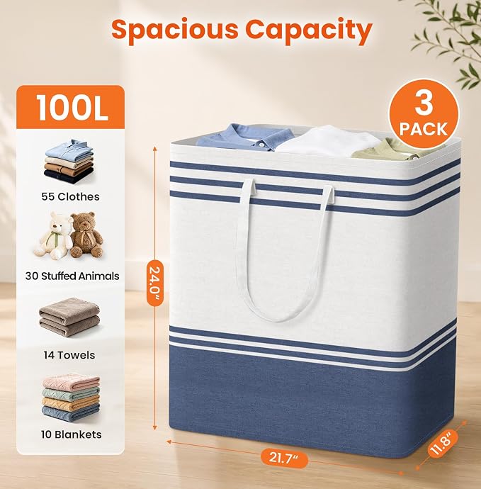 TranquilRelax 3-Pack Laundry Basket, Laundry Hamper, Blue-100L | Freestanding＆Water-Resistant Laundry Hamper, Collapsible Tall Clothes Hamper with Carry Handles for Clothes, Laundry Basket
