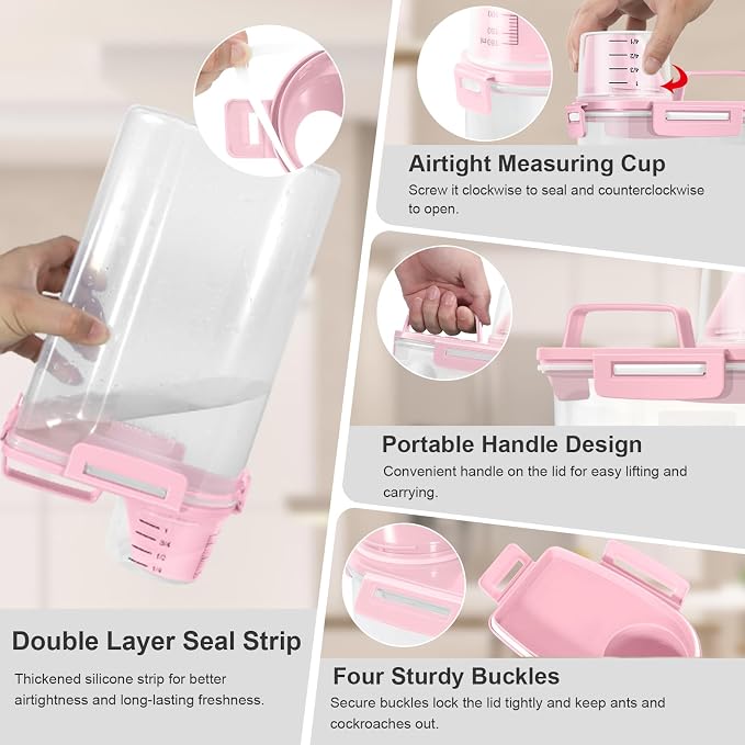 Dog Cat Food Storage Container, Pet Food Pourable Container Airtight with Large Spout & Cup, BPA-Free Plastic Food Dispenser for Pet Food, Bird Seed, Rice, Flour (Pink, 2.5L (2 pack))