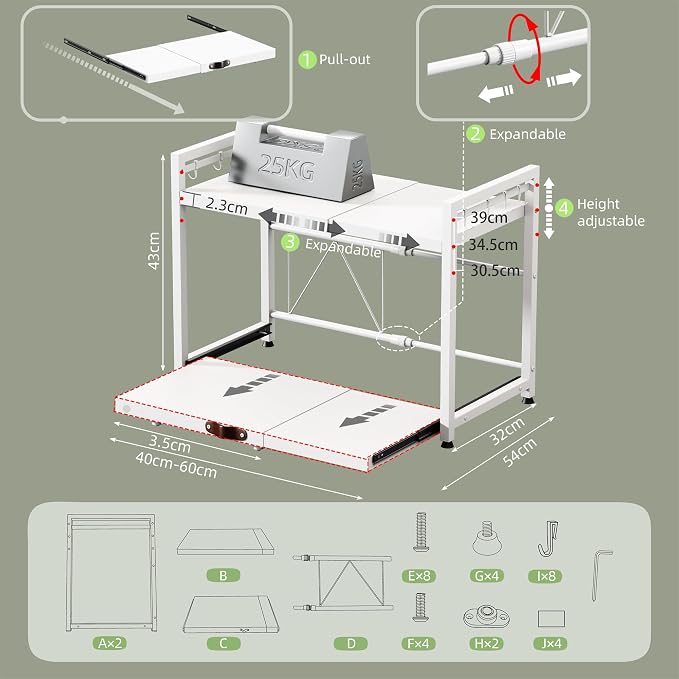 NETEL 2 Tier Expandable Microwave Stand countertop,Microwave Oven Rack | Pull-Out Microwave Shelf, storage shelves for pans &appliances,Adjustable partition height，8 Hooks,55lbs max load,White