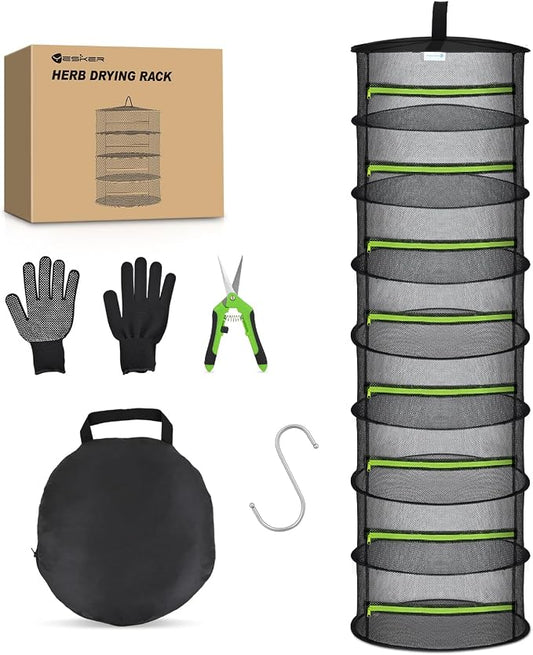 Yesker 8 Layer Herb Drying Rack Hanging Mesh Foldable Plant Drying Racks 24" w Green Zipper Pruning Shears Gloves Dryer Hanging Rack for Herbs Seed Bud Fruit Clothes Grow Tent Closets Garden Outdoor