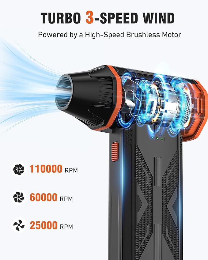 Electric Air Duster, 110000 RPM Rechargeable Compressed Air Duster, Cordless Air Blower with 3 Speed Modes for Computer Cleaning, Keyboard, PC, Electronics, Car, Office & Home