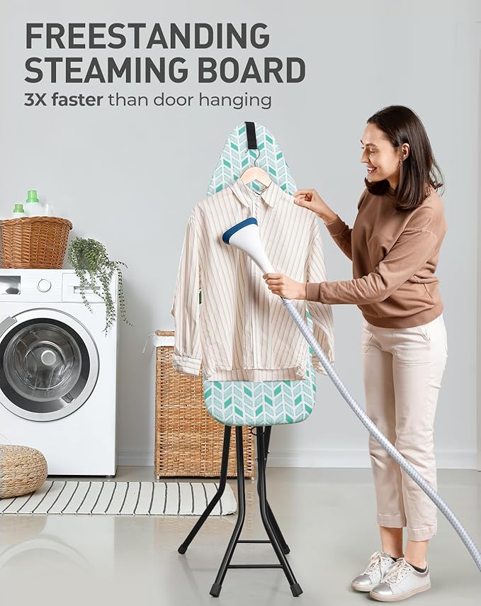 LyriFine Ironing Board, 2-in-1 Ironing and Steaming Board, Sturdy Steel Frame Iron Board with Non-Slip Feet, Heat Resistant Cover Iron Board, Foldable Compact Ironing Board with Hook, 14″ x 43″ Green