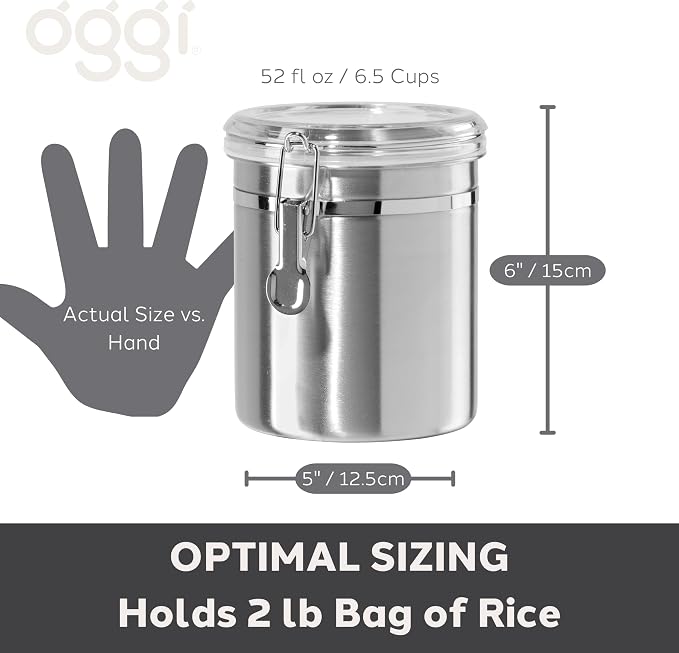 Oggi Stainless Steel Kitchen Canister 152 fl oz - Airtight Clamp Lid, Clear See-Thru Top - Ideal for Kitchen Storage, Food Storage, Pantry Storage. Jumbo Size 8" x 8".