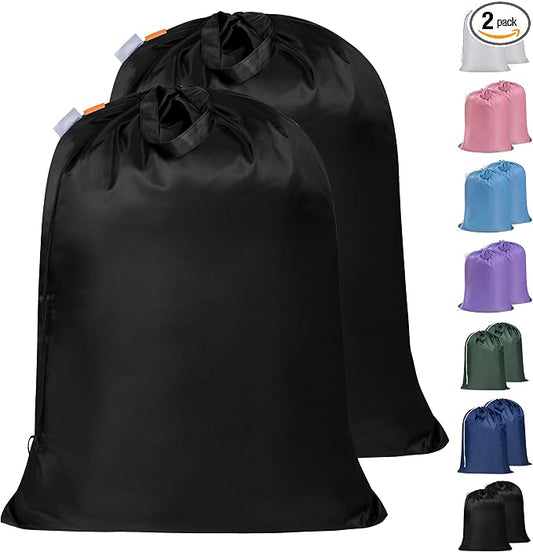 2 Pack Extra Heavy-Duty Laundry Bag with Handles, Black, 28x36" | Extra Large, Name ID Tag, Machine Washable, Reinforced Handles, Drawstring Closure, For College Dorm Travel