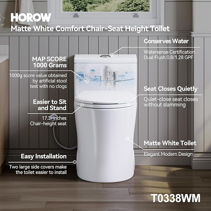 HOROW T0338WM Elongated One Piece Toilet Matte White, ADA Toilet 17.3" with Comfort Chair Height Seat, 0.8/1.28 GPF Powerful Dual Flush Toilet for Bathroom, 12" Rough-in Skirted Toilet Bowl