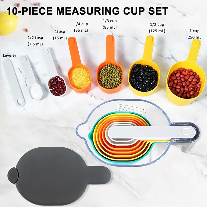 19-Pc Magnetic Measuring Cups and Spoons Set, with Lid, Rainbow | Includes 1 cover, 9 stackable cups set & 9 multicolor magnetic spoons, BPA-free & dishwasher safe, for liquid & dry baking