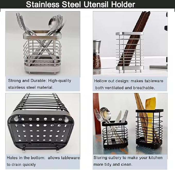 Utensil Holder, Food Grade Stainless Steel Utensil Drying Rack for Kitchen Counter, Silverware Cutlery Flatware Holder Forks, Knives, Spoons, Chopsticks Organizer Silver