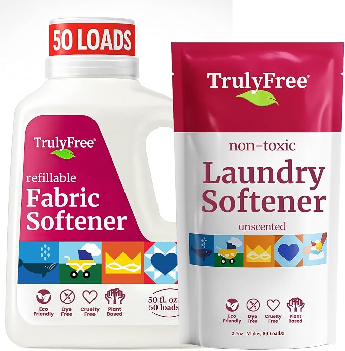 Truly Free Natural Fabric Softener | Non-Toxic for Babies & Kids Sensitive Skin | Plant-Based Laundry Softening Conditioner | Safe, Gentle & Chemical-Free | Unscented | 1 Empty Jug + 1 Fill (2.7 oz)