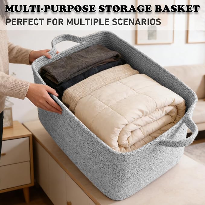 65L Large Laundry Basket with Handles, Woven Blanket Basket, Grey | 21"×16"×12" Collapsible Cotton Rope Storage Basket for Toys Clothes & Pillows, Nursery, Bathroom, Bedroom, Living Room