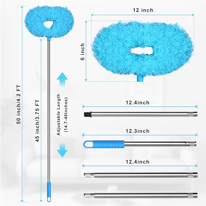 Eunice 13-50 Inches Ceiling Fan Duster with Extension Pole | Extendable Microfiber Cleaning Brush for High Ceiling, Blades, Cobwebs, Adjustable Dusting Tool for Home,Window,Door(Blue)