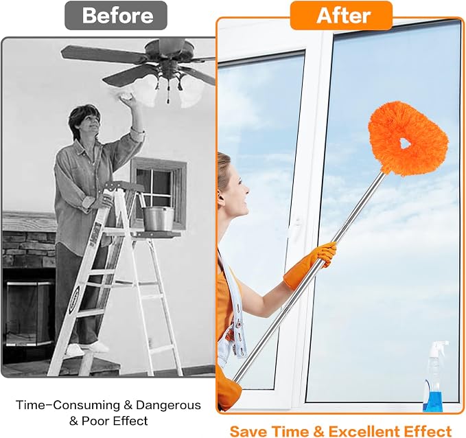 Ceiling Fan Cleaner Duster Reusable Microfiber Ceiling Fan Blade Cleaner Removable Duster with Extension Pole Adjusts 13 to 49.7 Inch for Cleaning Walls Bookshelves Furniture Door Window Top (Orange)