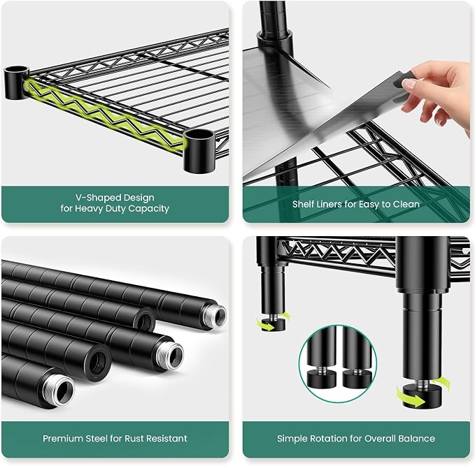 48" W Garage Shelving 1875LBS Heavy Duty Wire Shelving Unit, Metal 5-Tier Adjustable Steel Storage Rack with Liners, Storage Tote Rack, 48" W x 18" D x 72" H for Garage Commercial, Black