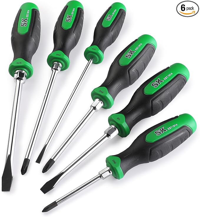 SK 6-Piece Magnetic Screwdriver Set, 3 Slotted & 3 Phillips Screwdrivers | S2 Steel, Heat-Treated Chrome Plating Shaft, Black Oxide Tip, SureGrip Handle