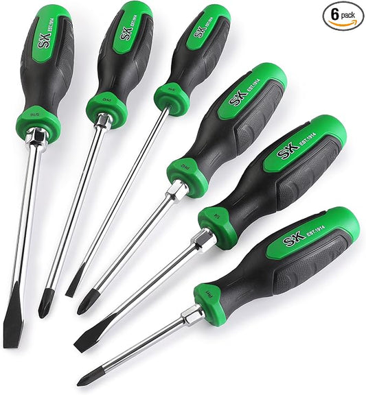 SK 6-Piece Magnetic Screwdriver Set, 3 Slotted & 3 Phillips Screwdrivers | S2 Steel, Heat-Treated Chrome Plating Shaft, Black Oxide Tip, SureGrip Handle