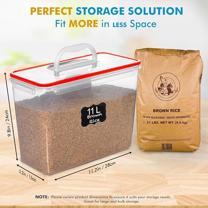 Shazo 2 PC (11L | 372 oz) Flour Sugar Storage Containers with Easy Carry Handle - Plastic Extra Large Food Storage Containers with Lids for Rice Cereal, BPA Free & Airtight Kitchen Pantry Organization