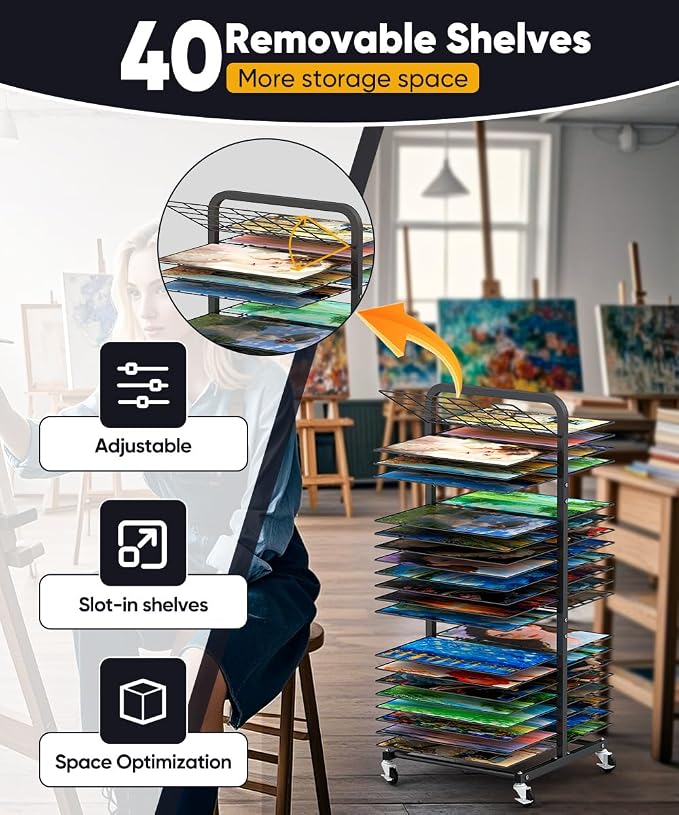 mocomax Art Drying Rack for Painting, Metal Paint Drying Stand, Movable Paint Drying Rack with Lockable Wheels, Art Canvas Storage Rack for Classrooms & Art Studios, 40 Removable Shelves, Black