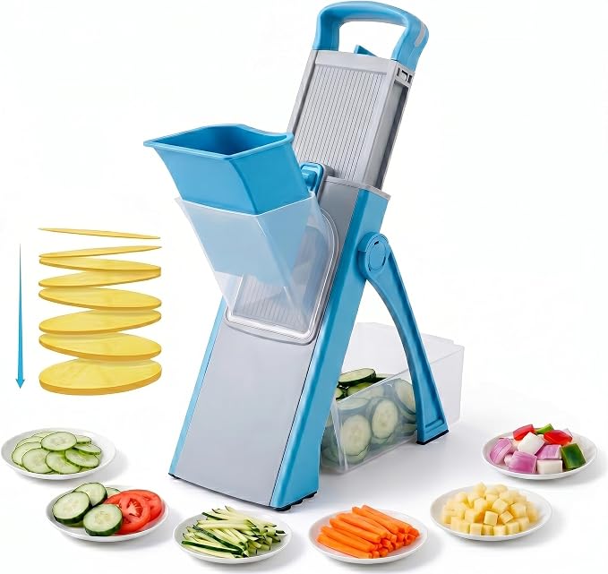 Mandoline Slicer Vegetable Cutter with Container - No Blade Change Needed, Adjustable 0.1-8mm Thickness, Stainless Steel, Hand Guard, Julienne Waffle Cuts for Meal Prep (Blue)