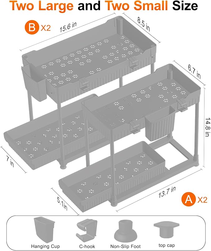 Sevenblue Under Sink Organizer, Bathroom Organizers and Storage, 2 Tier Multi-Use Pull Out Cabinet Organizer with Hang Hooks and Cups (Gray, 14.8 Inch)