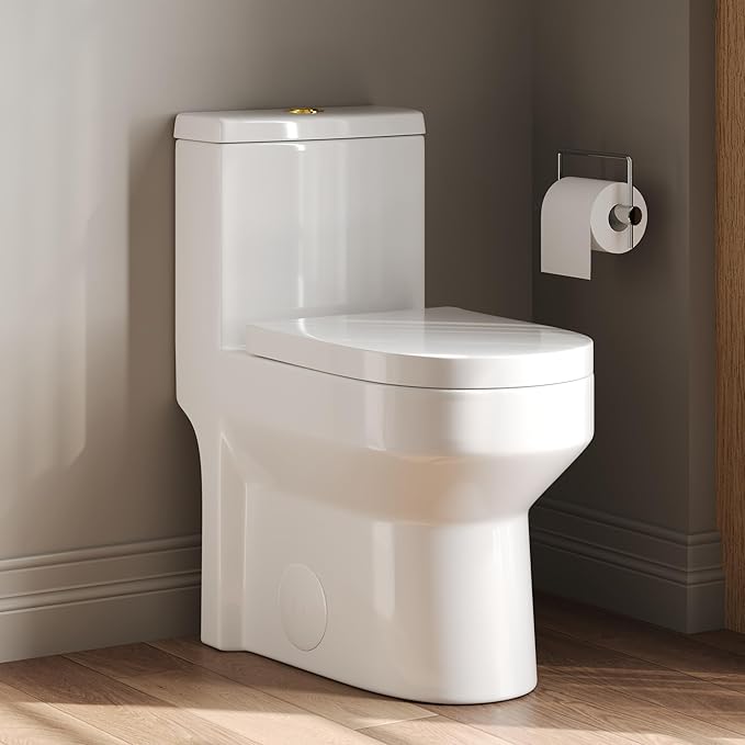 DeerValley Small One Piece Toilet with Soft Closing and Seat Gold Flush Button 12 Inch Rough-In Compact Toilets for Tight Spaces