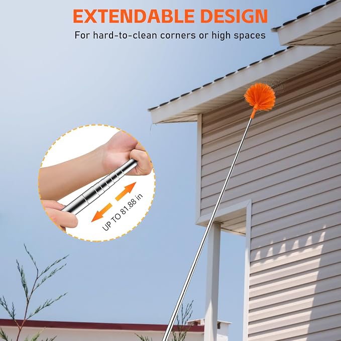 SetSail Cobweb Duster with Extension Pole, for Cobweb Cleaning, Orange | Retractable, 90-inch Long Handle, Spider Web Brush, for Outdoor Indoor High Ceilings Fan