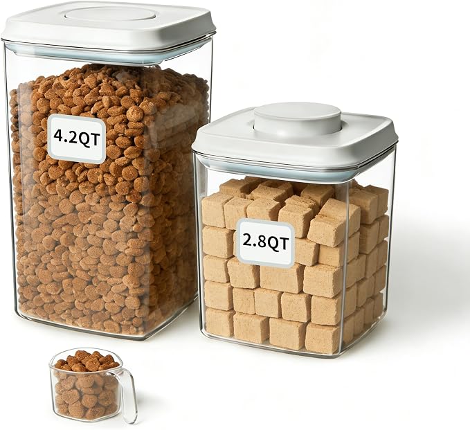 Ankou Dog Food Storage Containers Set, 4.2 QT with 130 ml Scoop & 2.8 QT, Airtight BPA-Free | Stackable Pop Lid Plastic Containers for Kibble & Pet Treats