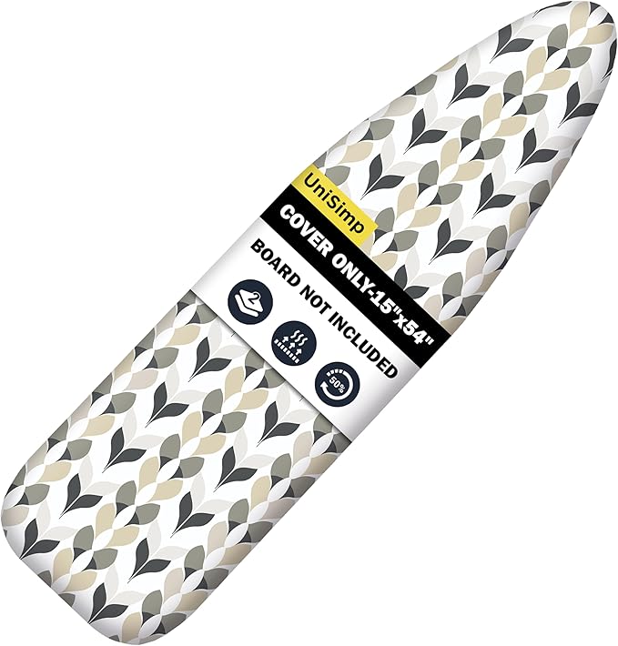 UniSimp Ironing Board Cover and Pad 15"x54" Extra Thick Natural Cotton, Scorch and Stain Resistant Padding, Standard Size Iron Board Cover with Fasteners Heavy Duty Elastic Edge, Heatproof Foliage