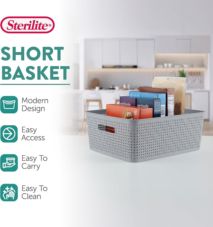 Sterilite 6-Pack Short Basket, Woven Plastic Storage Baskets for Organization, Cement - Organizing Bin Containers with Handles for Bedroom, Bathroom, Dorm, and Closet