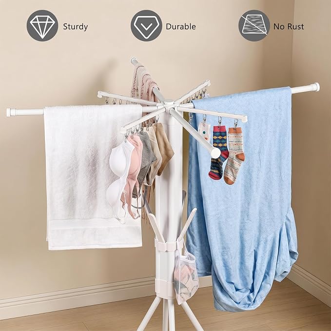 Foldable Four-Legged Clothes Drying Rack Extendable with 16 Clips | Collapsible Laundry Space-Saving Portable Clothing Rack for Indoor Balcony Camping Outdoor Use