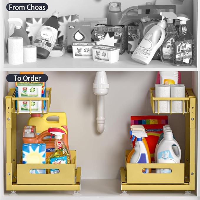 Saydear 2-Pack L-Shaped Under Sink Organizer, 2-Tier Pull-out Cabinet Rack | Gold Height-Adjustable Steel Rack, Sliding Grid Drawers with PP Liners, Holds 100 Lbs, Suction Base, Ideal Kitchen Storage
