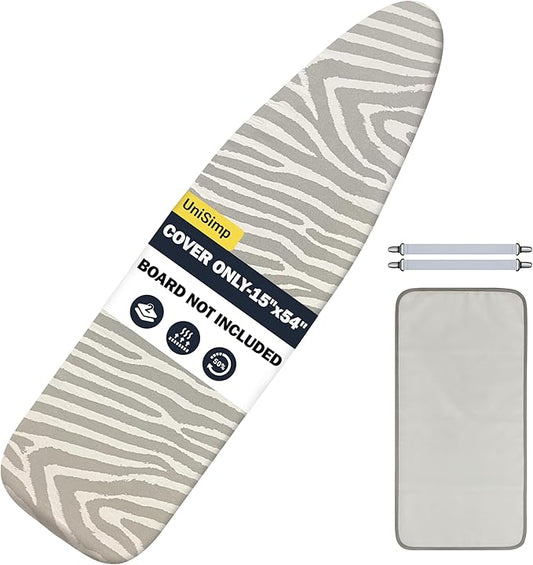 UniSimp Ironing Board Cover and Pad 15"x54" Extra Thick Natural Cotton, Scorch and Stain Resistant Padding, Standard Size Iron Board Cover with Fasteners Heavy Duty Elastic Edge, Heatproof Zebra