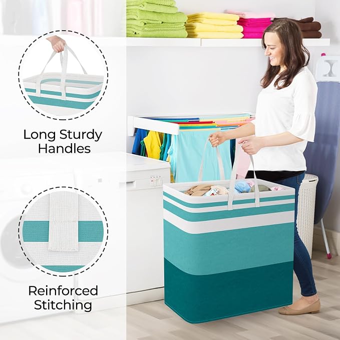 StorageRight Laundry Basket Hamper, 100L Collapsible Clothes Storage, Green | Freestanding Clothes Hampers, Foldable design, with Easy Carry Handles, For Laundry, Bedroom, Dorm, Clothing, Towels, Toys