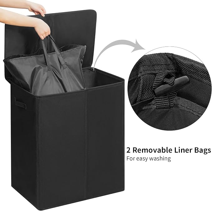 WOWLIVE 154L Double Laundry Hamper 2 Section with Lid and Removable Bags | Divided Laundry Basket, Large Dirty Clothes Hamper with Handle, Collapsible Laundry Storage for Dorm Room, College, Black