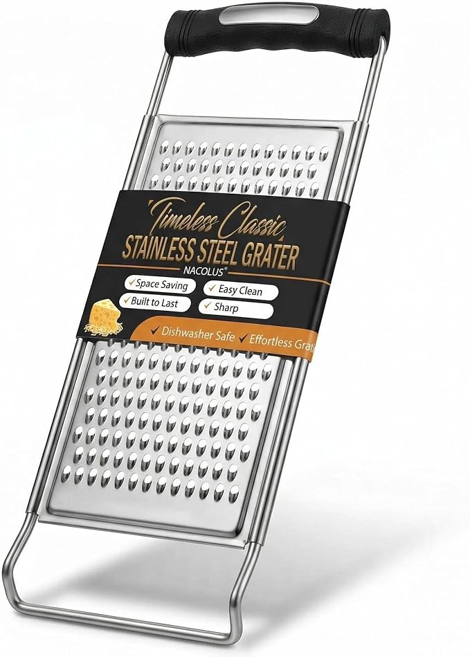 NACOLUS Stainless Steel Fine Cheese Grater & Zester with Ergonomic Handle - Dual Side for Fine Shredding and Zesting - Perfect for Hard Cheese, Citrus, Ginger, Garlic, Dishwasher Safe