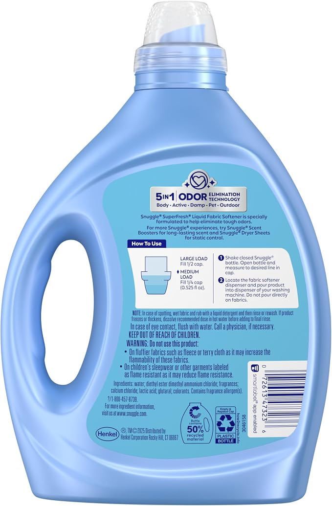 Snuggle SuperFresh Fabric Softener Liquid, Spring Burst, 78.8oz, 150 Loads | Ultra concentrated formula, Lasting scent, Fights stubborn odors, Softens fabrics, Reduces static and wrinkles
