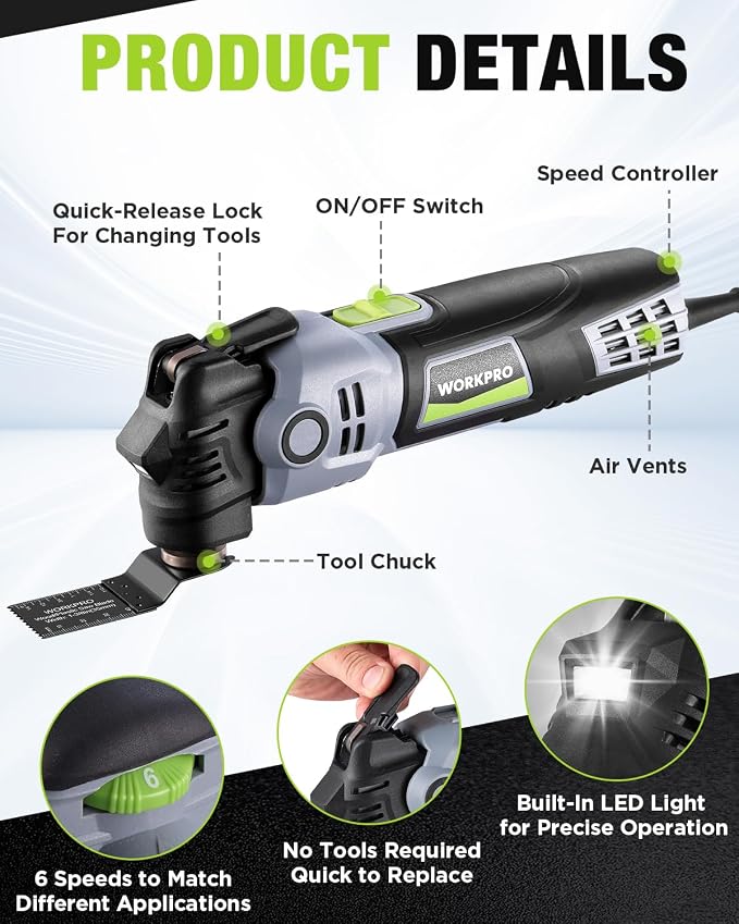 WORKPRO 400W Corded Oscillating Multi-Tool Kit | 6 speeds, 3.5° oscillation angle, LED light, quick blade change, and 23 accessories for DIY and home improvement
