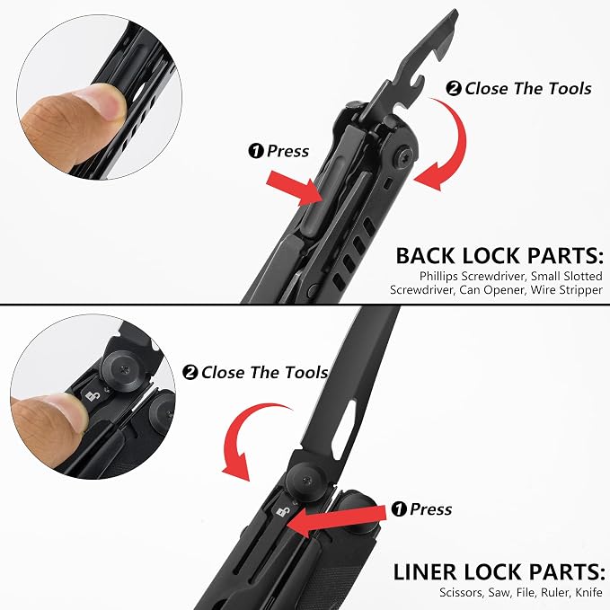 FLISSA 15-in-1 Multitool Pliers with Sheath Safety Lock EDC | Stainless Steel with Self-Locking System, Knife, Saw and Screwdrivers. Belt Clip Nylon Carry Case for Outdoor Survival.