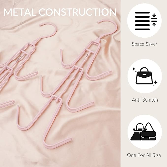 ZEDODIER 2 Pack Purse Organizer for Closet, Heavy-Duty Hanging Purse Hanger Closet Holds Up to 12 Purses, Metal Rotating Space Saving Bag Holder Handbag Storage Hook Backpack Rack, Pink