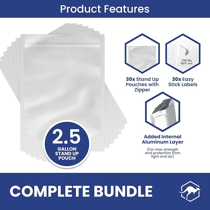 Wallaby 30 Count 2.5-Gallon Gusset Mylar Bags with Labels, 15 Mil Total Thickness Long-Term Food Storage Pouches, 18x12 Stand-Up Zipper Heat-Sealable Airtight Packaging - Silver