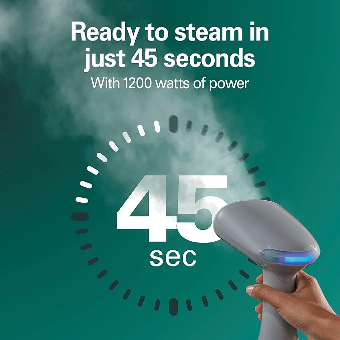 Hamilton Beach Handheld Travel Steamer for Clothes, Fabric and Drapes | Light and Handheld |Fast Heatup With 1200 Watts | 400ml Water Tank For 20 Minutes of Continuous Steam | Gray & Blue | 11557