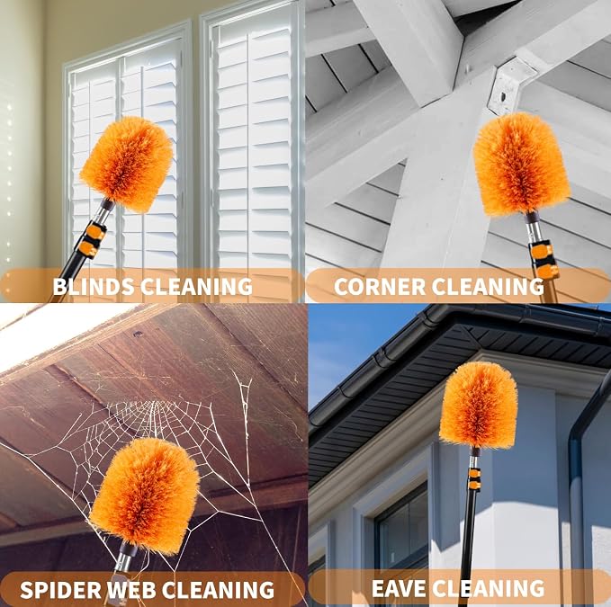4 Pack Screw on Webster Cobweb Duster Head for Pole,Spider Web Brush, Cobweb Duster Head Attachment,Fits Standard 3/4 inch Threaded Poles (4, Orange)