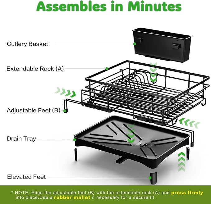 Expandable Over Sink Dish Drying Rack (12.6"-20.5"), Rustproof Metal Dish Drainer with Auto-Draining Tray & Utensil Holder, Large Capacity Sink Organizer for Kitchen Counter, Fits Most Sinks - Black