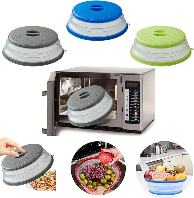 Microwave Splatter Cover Vented for Food, Splatter Guard & Colander Kitchen Gadget for Fruit Vegetables Microwave Plate Cover with Hook Hole,Dishwasher-Safe,BPA-Free Silicone & Plastic (1 Pack)