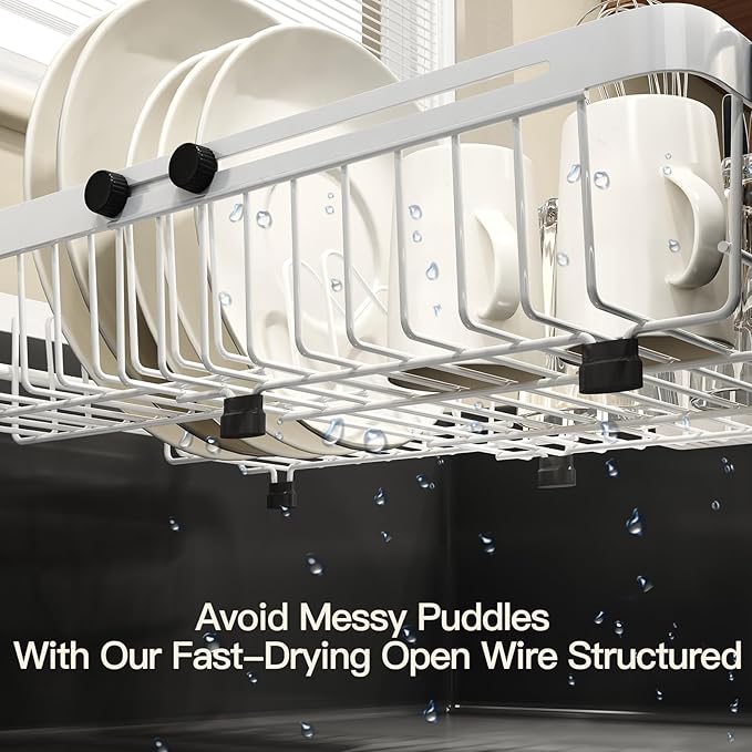 MAJALiS White Dish Drying Rack Over The Sink with Utensil Holder | Expandable Stainless Steel Dish Drainer for Small Kitchen, Apartment, RV, Counter Space Saving, Perfect Fit, Rustproof