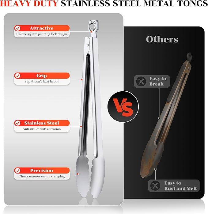 Kitchen Tongs for Cooking - 7 Inch & 9 Inch & 12 Inch Heat Resistant Stainless Steel Metal Locking Tong, BBQ Tongs Grill Tong for Cooking, Grilling, BBQ/Barbecue, Food (7+9+12inch)